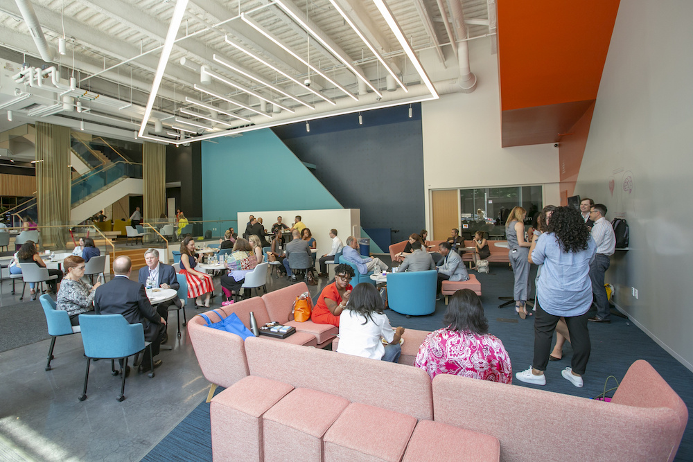 Photo of a gathering in the University City Science Center's Quorum Lounge.